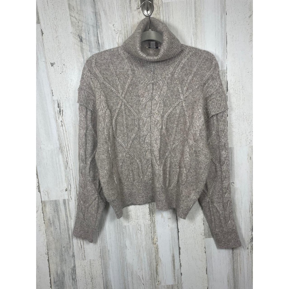 Elie Tahari Cable Knit Turtleneck Sweater size S Tan Gray Fall Neutral Cozy Boxy